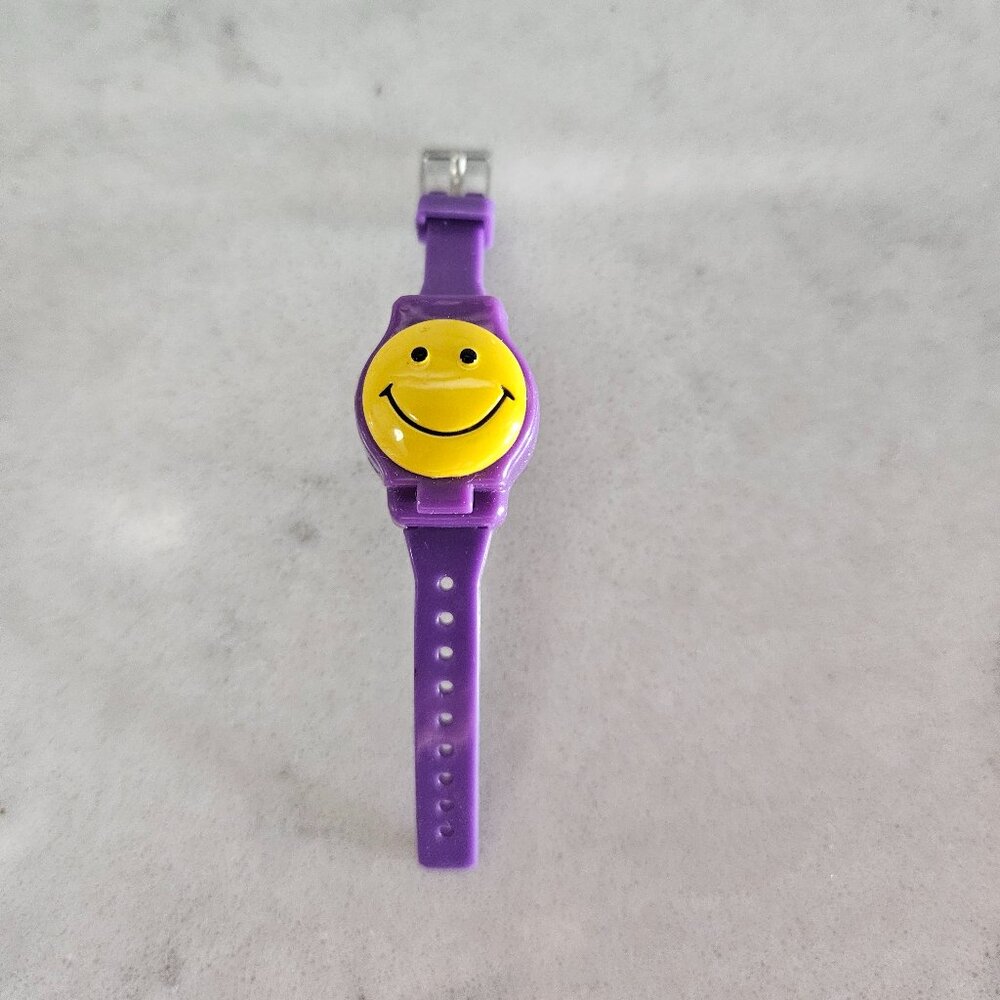 NEW PURPLE PLASTIC ADJUSTABLE RING WITH YELLOW HAPPY FACE & CLOCK - SIZE 3-10.5